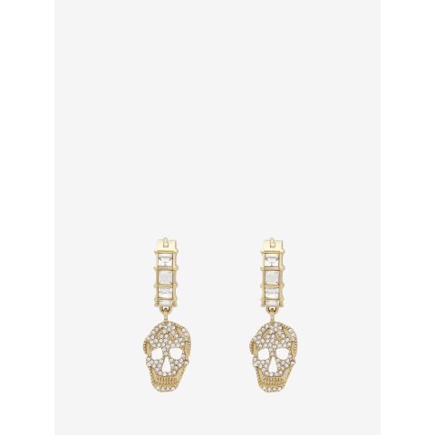 McQueen Pave Skull Hoop Earrings Pale Gold