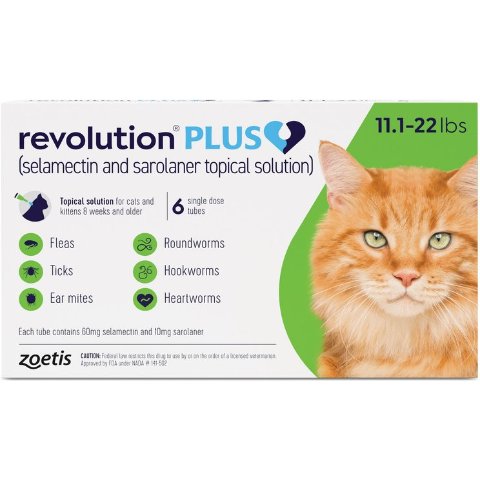 Revolution Plus Topical Solution for Cats, 11.1-22 lbs, (Green Box), 6 Doses (6-mos. supply) - Chewy.com