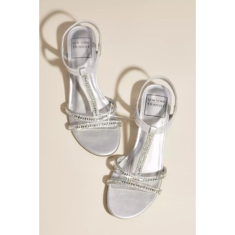 David's Bridal Silver Rhinestone T-Strap Low Wedge Heels
