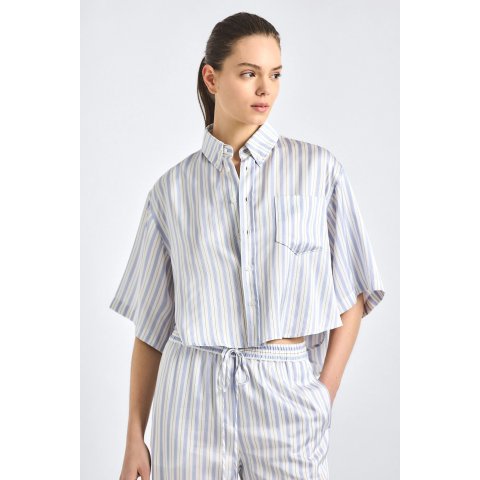 Derek Lam Ember Cropped Button Down Shirt Lisbon Blue Stripe