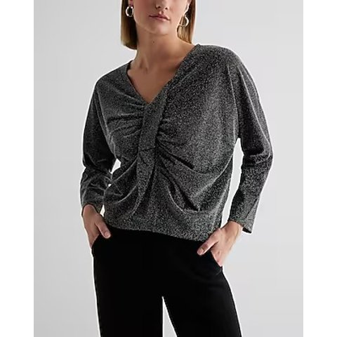 Express Metallic V-neck Twist Long Sleeve Top