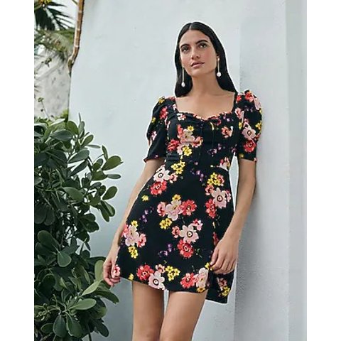 Express Floral Ruffle Puff Sleeve Mini Dress