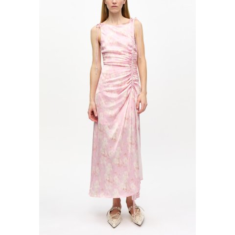 Ganni Pink Satin Gathered Dress