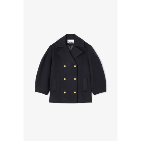 Ganni Dark Blue Wool Midi Peacoat