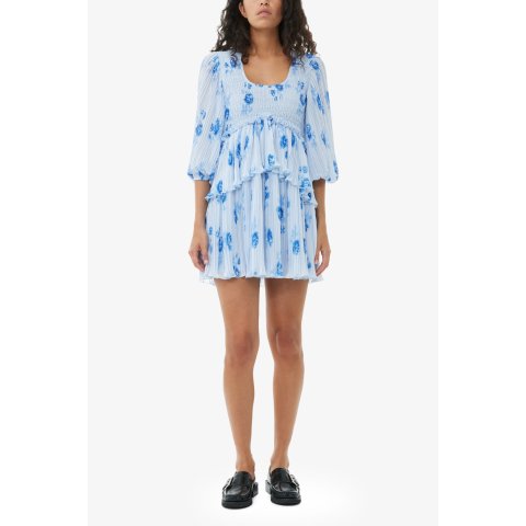 Ganni Pleated Georgette Mini Dress Heather Blue