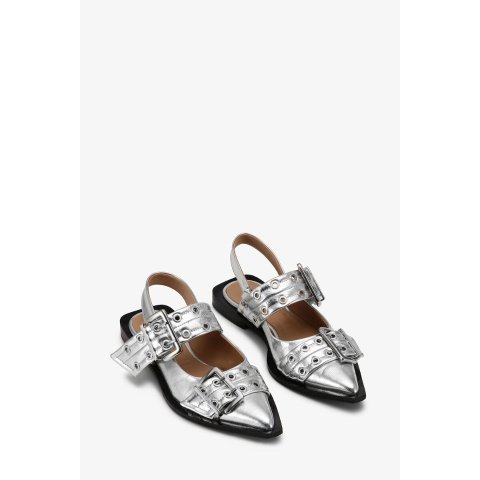 Ganni Silver Buckle Ballerinas