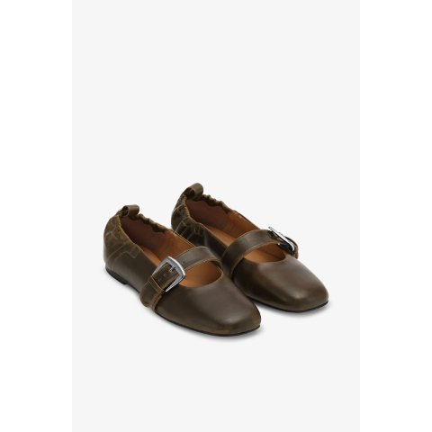 Ganni Buckle Strap Ballerinas Dark Olive