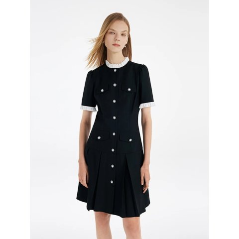 GOELIA Mini Dress Ruffle Trim Pearl Buttons