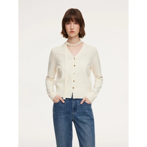 GOELIA Tencel Wool V-Neck Women Cardigan Detachable Ribbon