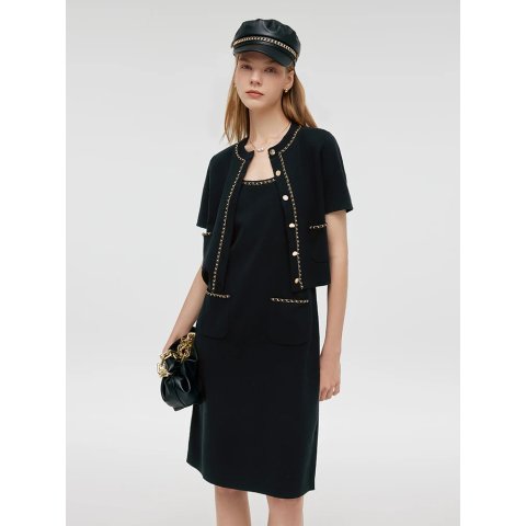 GOELIA Chain Trim Knitted Jacket Vest Dress Set