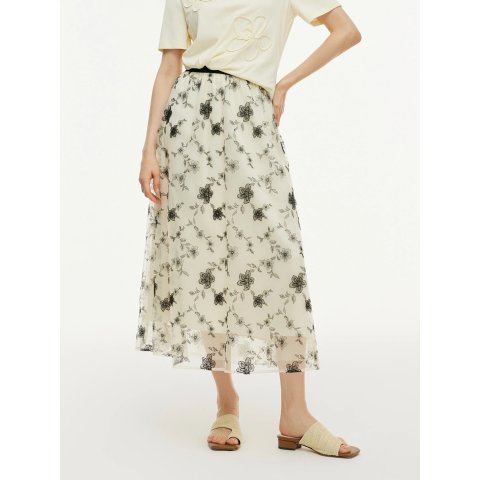 GOELIA Floral Embroidered Mesh Skirt Elastic Waist