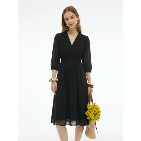 GOELIA V-Neck Lace Up Midi Dress