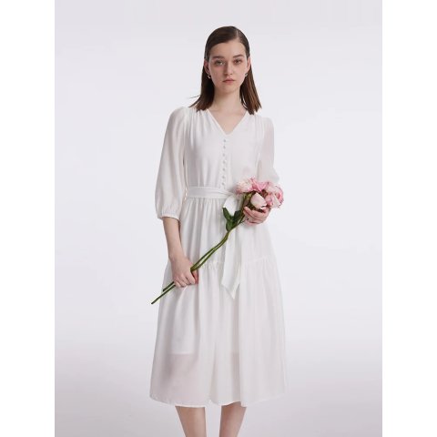 GOELIA White V-Neck Gathered Waist Midi Dress