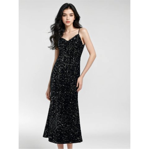 GOELIA Velvet Sequin Strap Midi Dress
