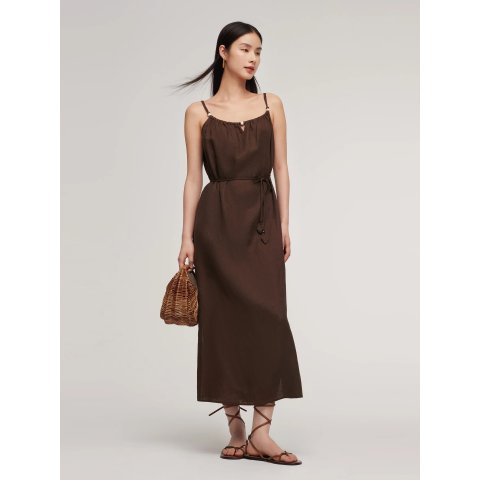 GOELIA 100% Linen Women Strap Maxi Dress