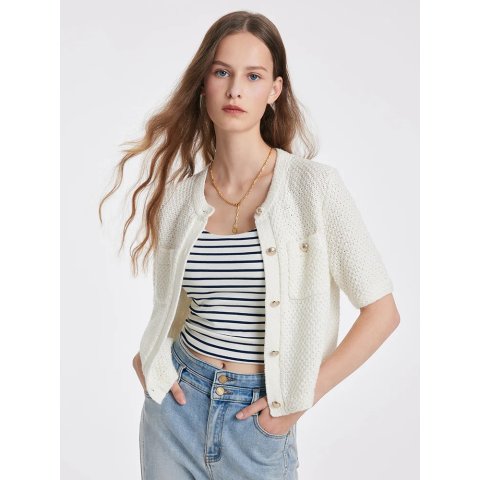 GOELIA Openwork Round Neck Knitted Cardigan
