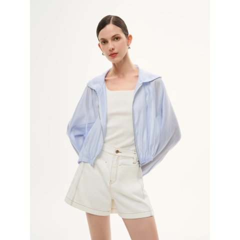 GOELIA Tencel Acetate Linen Zip-Up Hooded Cropped Jacket