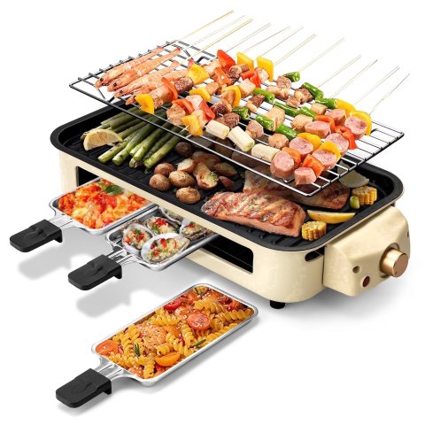 SUSTEAS 1500W Smokeless Electric Grill with 3 Pans Beige