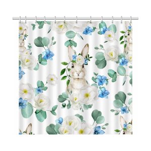 SHENGJUNHomeDecorations Easter Bunny Shower Curtain 72x72 Blue White Floral Waterproof