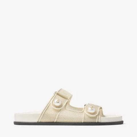 Fayence Champagne Metallic Patent Leather Sandals with Pearls