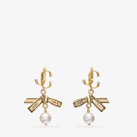 Ribbon Gold Metal Pearl Earring