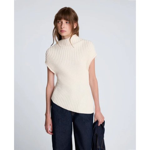 Asymmetrical Ribbed Mock Neck Sweater OYSTER