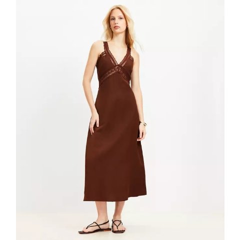 Lace Trim Linen Blend Midi Dress