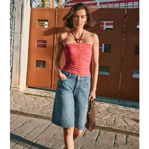 Rivete High Rise Denim Bermuda Shorts Dark Wash