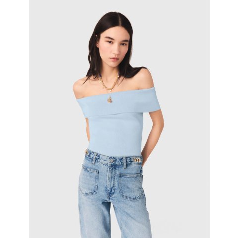 Maje Bardot Rib Knit Top Blue