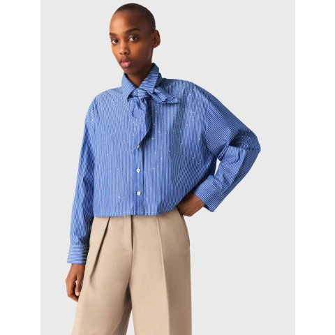 Maje Blue Rhinestone Shirt with Removable Tie for Women
