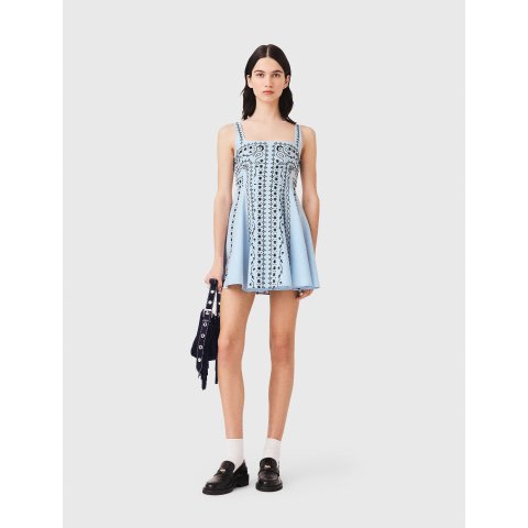 Maje Embroidered Linen-Blend Dress Blue