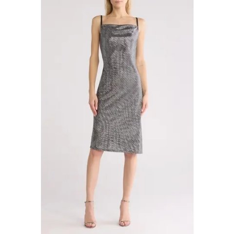 Bebe Metallic Pleated Midi Slipdress