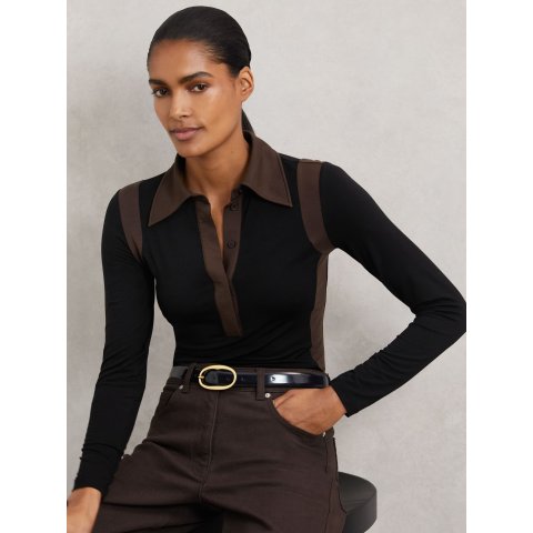 Reiss Color-Block Collared Shirt Black/Brown