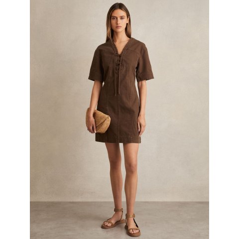 Reiss Denim Lace Up Shirt Dress Chocolate