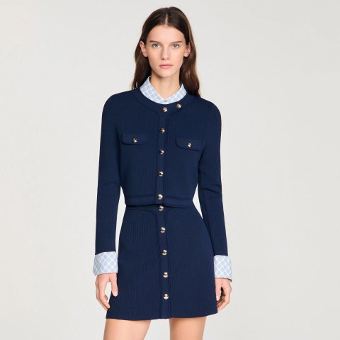 Sandro Paris Cropped Rib Knit Cardigan Navy Blue Women