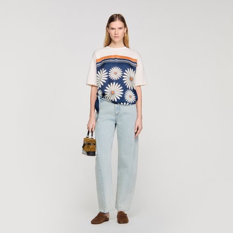 Sandro Paris Scarf Print T-shirt Deep Blue Women