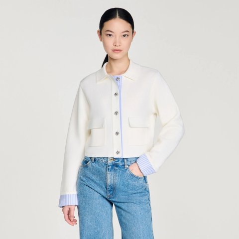 Sandro Paris Wool Polo Collar Cardigan for Women Ecru