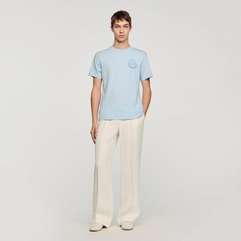 Sandro Paris Sky Blue Cotton Crochet Flower Men's T-Shirt