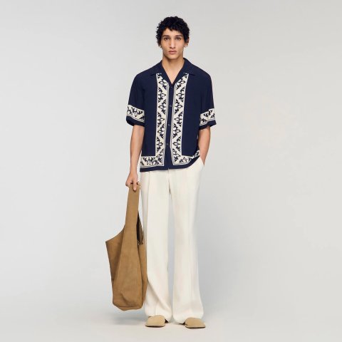Sandro Paris Men's Loose-Fit Contrast Print Shirt Navy Blue