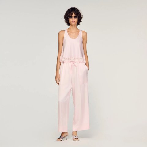 Sandro Paris Women's Satin Top with Lace Light Pink