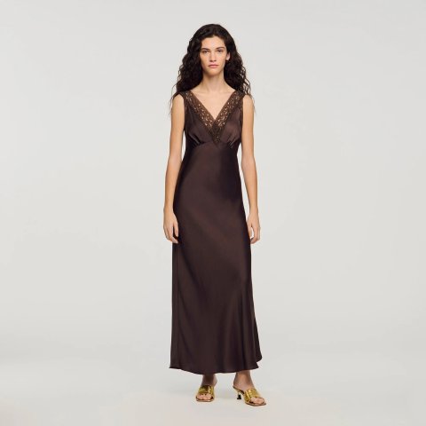 Sandro Paris Lace Collar Maxi Dress Brown
