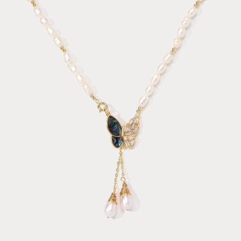 Selenichast Butterfly Pearl Necklace Zirconia Pendant