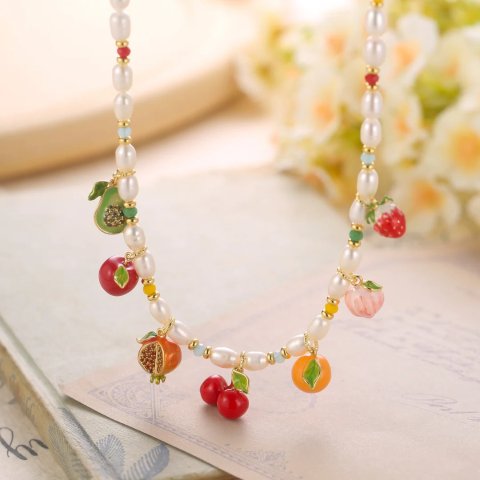 Selenichast Pearl Fruit Necklace Strawberry Charm