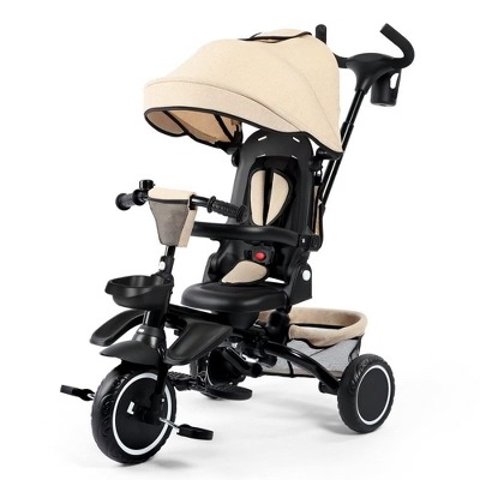 Kinder King 8-in-1 Folding Kids Tricycle Adjustable Push Handle Khaki