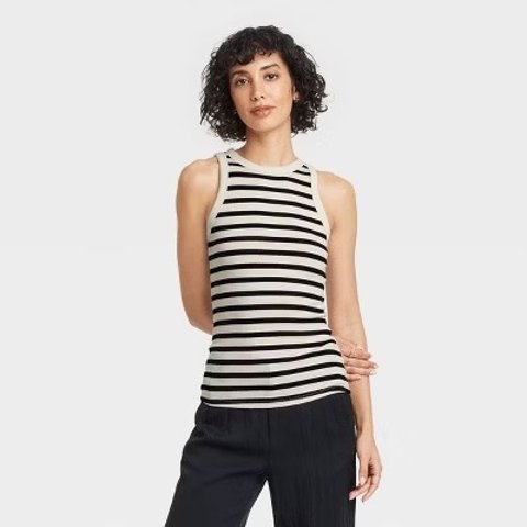 Women's Slim Fit Ribbed Tank Top - A New Day™ Cream/Black Striped M: Cotton Modal Spandex Blend, Crew Neck
