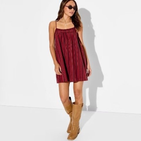Women's Mini Trapeze Ruffle Edge A-Line Dress - Wild Fable™ Dark Red Striped XXS