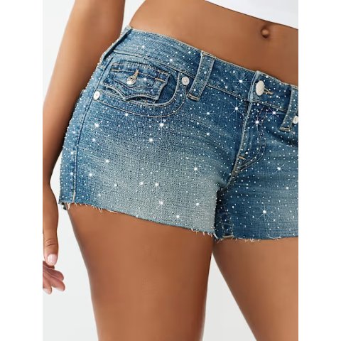 JOEY Low Rise Crystal Flap Denim Shorts