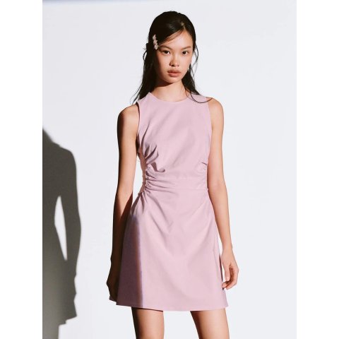 Crew Neck Ruched Sleeveless A-Line Midi Dress