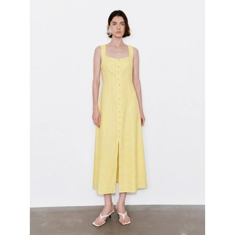 Linen Blend Square Neck Button Sleeveless Midi Dress