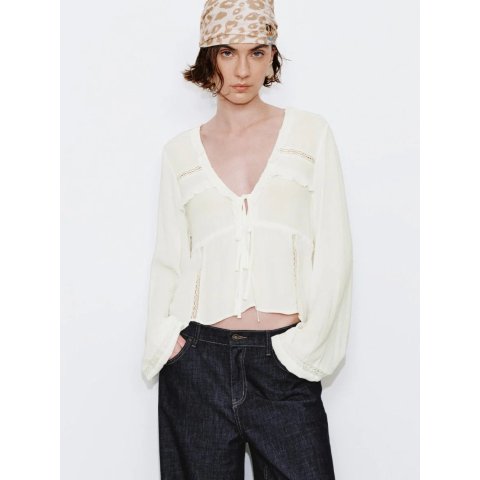 V-Neck Ruffle Trim Lace-Up Shirt